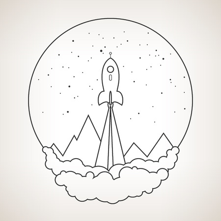 Spaceship on a background of the starry sky and the mountains, spacecraft flying in space, launch space rocket ,black and white vector illustrationのイラスト素材