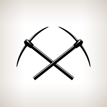 Silhouettes of two crossed pickaxes on a light background, hand tool with a hard head attached perpendicular to the handle ,black and white vector illustrationのイラスト素材