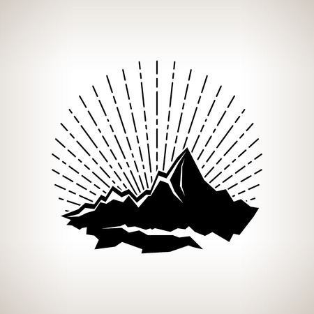 Silhouette  of the mountains and sunburst  ,the vintage light rays and rocks on a light background, black and white vector illustrationのイラスト素材