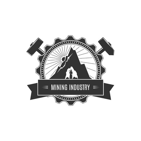 Vintage Emblem of the Mining Industry,Miner Holding a Pickax on a Background of the Sunburst and Mountain, Label and Badge Mine Shaft, Mining, Vector Illustrationのイラスト素材