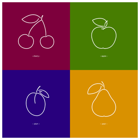 Icon Apple, Cherry,Plum,Pear in the Contours on a  Colored Background, Vector Illustrationのイラスト素材