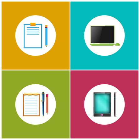 Set Icons for Office Work and Business, Laptop , Notebook with the Pen and a Pencil, Clipboard with a Pencil, Phone , Gadget , the Tablet Illustrationのイラスト素材