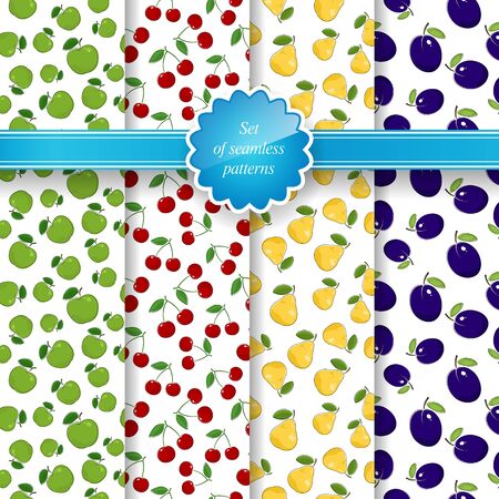 Set of Seamless Pattern of Fruit, Fruit Background, Green Apples, Red Cherries, Yellow Pears, Blue - Purple Plumsのイラスト素材