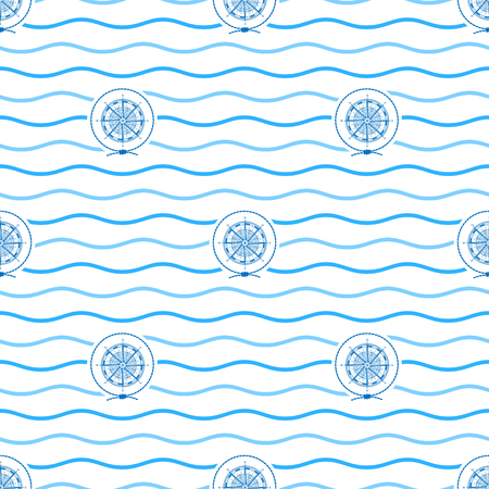 Seamless Pattern with Compass Rose  Emblem, Blue  Wind Rose  in the Middle of a Rope  on a Background of  Blue Waves, Seamless Pattern with Marine Element for Web Design or Wallpaper or Fabricのイラスト素材