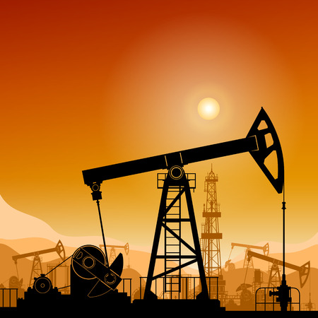 Silhouette  Pumpjack or Oil Pump on a Background of Mountains  at Sunset, Petroleum Industry , in the Background Working Oil Pumps and Drilling Rig, Vector Illustrationのイラスト素材