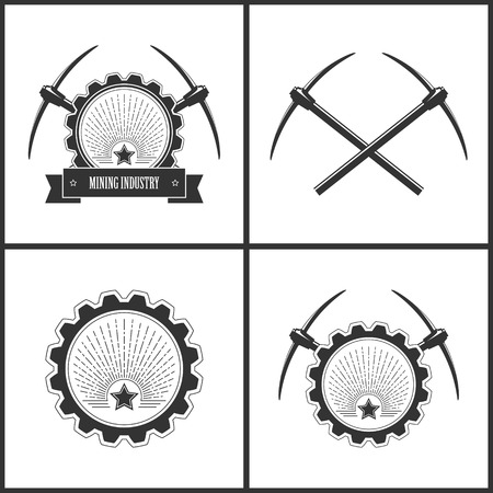 Set of  Vintage Emblem of the Mining Industry,  Label or Badge Mine Shaft, Mining Industry, Star in Retro Sunlight, Two Crossed Pickaxes, Star on a Background of the Sunburst in Gear with Pickaxesのイラスト素材