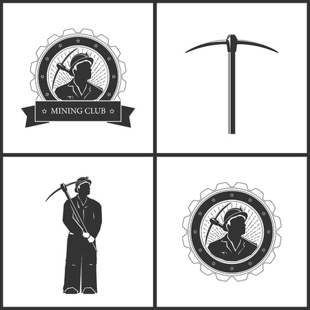 Miner in the Helmet  is Holding Pickaxe,Pickaxe, Set of  Vintage Emblem of the Mining Industry, Label or Badge Mining Industry, Miner with Pick Axe on a Background of the Sunburst in Gearのイラスト素材