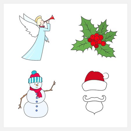 Set of Colorful Christmas Line Style Icons, Christmas Angel, Christmas Holly Berry, Snowman, Santa Claus  with a Beard, Mustache and Hat without a Face, Christmas Decoration, Vector Illustrationのイラスト素材