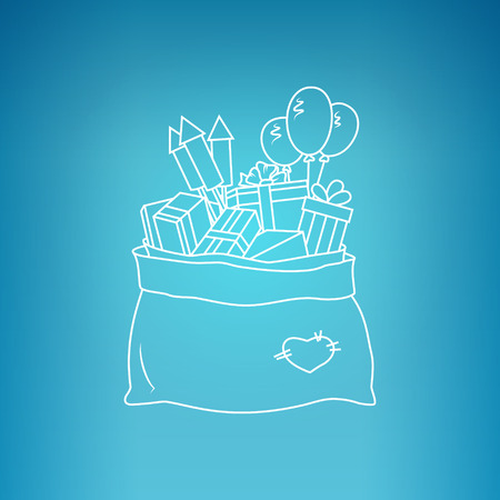 Bag of Santa Claus with Gifts on a Blue Background, a Bag with Gifts and Firecrackers and Balloons, Drawing in Linear Style , Vector Illustrationのイラスト素材