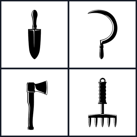 Set of Garden and Landscaping Tools Icons , Icon Trowel , Icon Sickle , Icon Axe , Icon Hand Rake , Garden Equipment , Agricultural Tool  , Black and White Vector Illustrationのイラスト素材