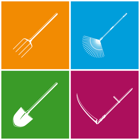 Set of Colored Farming  Icons , Garden and Landscaping Tools , Icon Garden Fork , Icon Garden Leaf Rake , Icon Shovel , Icon Scythe , Garden Equipment , Agricultural Tool  , Vector Illustrationのイラスト素材