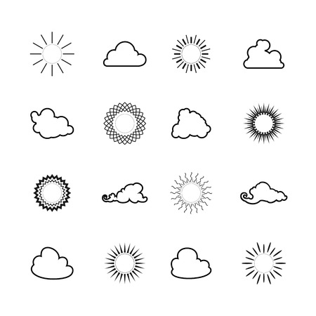 Set of Images of the Sun and Clouds, Set of Sun and Cloud Shapes, Line Style Design, Weather Icons,  Black and White Illustrationのイラスト素材