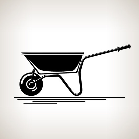 Wheelbarrow, Silhouette a Wheelbarrow on a Light  Background, Agricultural Tool Wheelbarrow , Garden and Carpentery  Equipment, Black and White Illustrationのイラスト素材