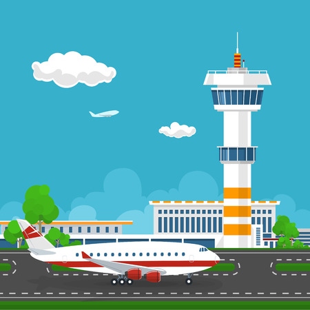 Airport Terminal, the Plane on the Runway at the Airport ,  Airport  with Control Tower and Airplane ,Tourism Concept ,Vector Illustration