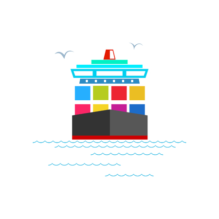 Front View of the Cargo Container Ship Isolated on White, Industrial Marine Vessel with Containers on Board, International Freight Transportation Illustrationのイラスト素材
