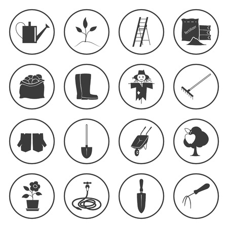 Set of Garden Tools, Round Icons Gardening Equipment , Silhouette Agricultural Tool Illustrationのイラスト素材