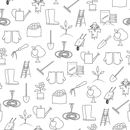 Seamless Pattern Gardening Equipment , Line Icons Agricultural Tool ,Garden Tools on White Background, Black and White Illustrationのイラスト素材