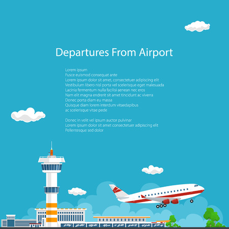Airplane Takes Off from the Airport , Airport Background, Control Tower and Airplane , Travel and Tourism Concept , Air Travel and Transportation, Vector Illustrationのイラスト素材