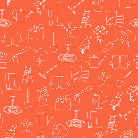 Seamless Pattern Gardening Equipment , Line Icons Agricultural Tool ,Garden Tools on Orange Background, Vector Illustrationのイラスト素材
