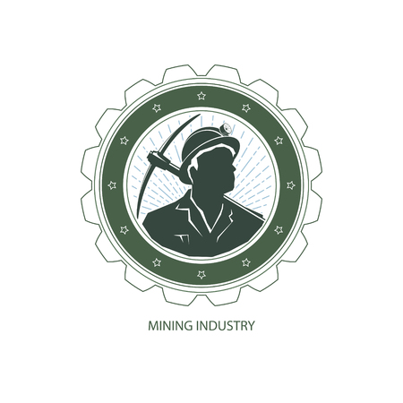 Mining Industry Design Element, Miner Holding a Pickax on a Background of the Sunburst, Label and Badge Mine Shaft, Vector Illustrationのイラスト素材