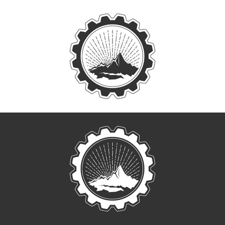 Sunburst and the Mountains in Gear on White and Gray Background ,Mining Industry Logo Design Element, Vector Illustrationのイラスト素材