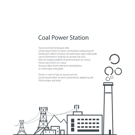 Coal Power Station Isolated on White Background, Complex Industrial Facilities with the Power Line, Coal Industry, Poster Brochure Flyer Design, Vector Illustrationのイラスト素材