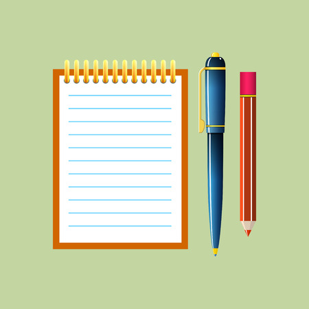 Notebook with a Pen and Pencil, Jotter Isolated on Green Background, Office Equipment, Vector Illustrationのイラスト素材