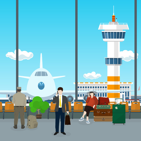 Airport , a Waiting Room with People, View on Airplane and Control Tower through the Window from a Waiting Room , Scoreboard Arrivals at Airport, Travel Concept, Flat Design, Vector Illustrationのイラスト素材