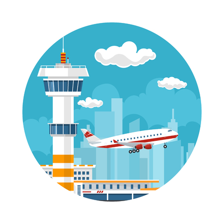 Icon Airplane Takes Off from the Airport, Control Tower and Airplane on the Background of the City, Travel and Tourism Concept , Air Travel and Transportation, Vector Illustrationのイラスト素材