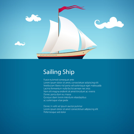 Yacht on the Waves and Text, Sailing Vessel at Sea, Travel Concept , Poster Brochure Flyer Design, Vector Illustrationのイラスト素材