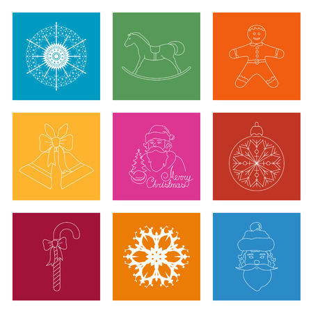 Set of Colorful Square Linear Icon, Icon Christmas Decoration, Merry Christmas and Happy New Year, Vector Illustrationのイラスト素材