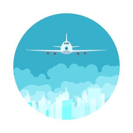 Icon Front View of Plane, Airplane Flying High in the Sky among the Clouds, Vector Illustrationのイラスト素材