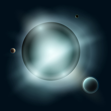 Star with Satellites, Sun with Planets in Space, Blue Light of Stars in Universe, Abstract Background, Vector Illustrationのイラスト素材