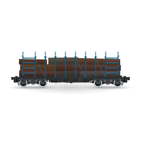 Railway Platform for Timber Transportation, Train with Timber on White Background, Railway and Cargo Transport, Vector Illustrationのイラスト素材