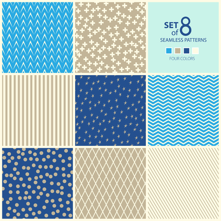 Set of Eight Geometric Seamless Patterns, Plus Sign and Strip and Stars, Rhombus and Polka Dots, Wave and Herringbone,Four Colors, Vector Illustrationのイラスト素材