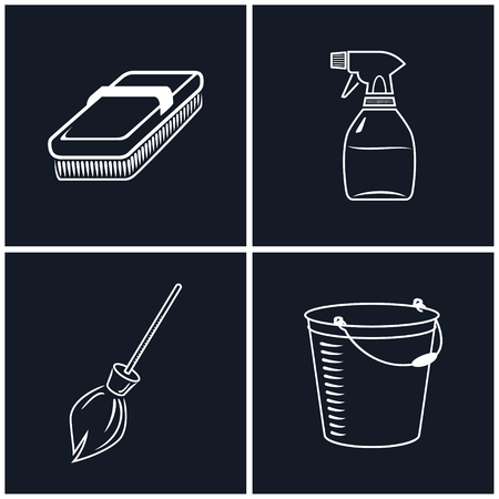 Set of White Cleaning Icons on Black Background , Fetlock and Sprayer, Broom and Bucket , Line Style, Vector Illustrationのイラスト素材