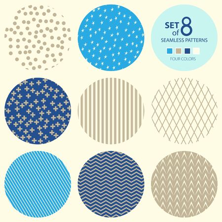 Set of Eight Round Geometric Seamless Patterns, Four Colors, Plus Sign and Strip, Rhombus and Polka Dots, Wave and Herringbone, Stars,Vector Illustrationのイラスト素材