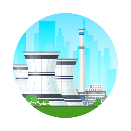 Icon Nuclear Power Plant on the Background of the City, Thermal Station and Power Lines, Nuclear Reactor Supplies Electricity to the City, Vector Illustrationのイラスト素材