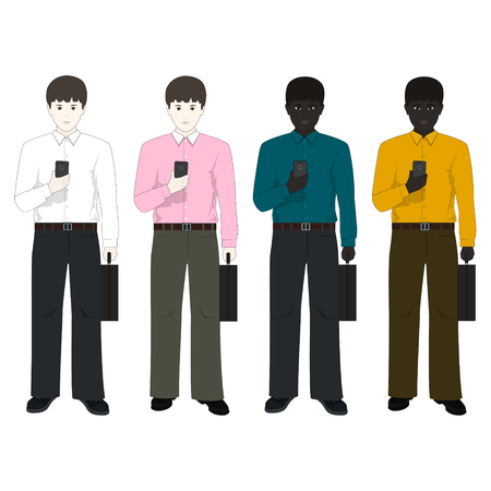 European Man and an African American Man with a Phone and a Briefcase, Two Businessmen in Different Clothes of Different Nationalities, Vector Illustrationのイラスト素材