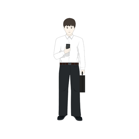 European Man with a Phone and a Briefcase Isolated on White Background, Businessman in a White Shirt and Dark Blue Pants , Vector Illustrationのイラスト素材
