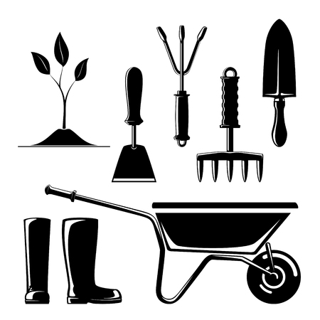 Set of Agricultural Tools, Silhouette of Garden and Landscaping Tools , Hand Rake and Hoe with Sprout and Working Rubber Boots , Rip Saw with Trowel and Wheelbarrow , Vectorのイラスト素材