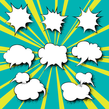 Set of Speech Bubbles on Bright Retro Pop Art Background , Green Background with Yellow Sun's Rays , Vector Illustrationのイラスト素材