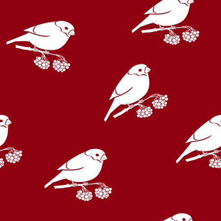 Seamless Pattern with a Bullfinch, Bullfinch Sitting on a Branch with Bunches of Rowan on a Red Background, Christmas Decorations, Vector Illustrationのイラスト素材