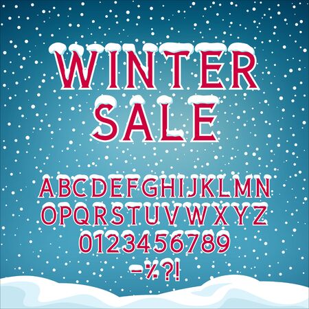 Snow on the Letters, Festive Winter Background with Alphabet, Snowfall and Snowdrifts, Vector Illustrationのイラスト素材