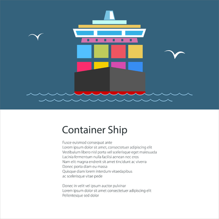 Front View of the Cargo Ship with Containers on Board , Industrial Marine Vessel and Text , Shipping, Poster Brochure Flyer Design, Vector Illustrationのイラスト素材