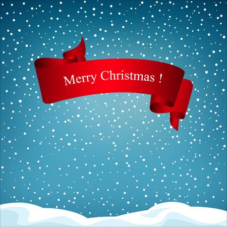 Festive Winter Background with Red Ribbon Merry Christmas Snowfall and Snowdrifts Vector Illustrationのイラスト素材