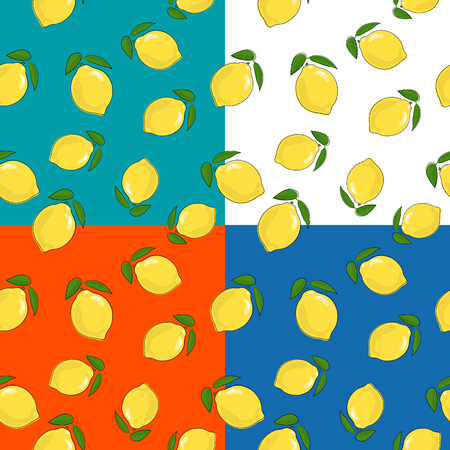 Set of four Seamless Fruit Patterns , Yellow Citrus Lemon on White Green Orange and Blue Background, Vector Illustrationのイラスト素材