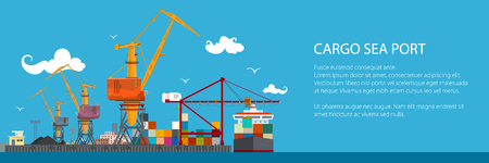 Horizontal banner of cargo seaport , cranes in port load containers on the ship or unload, poster brochure flyer design. Vector illustrationのイラスト素材