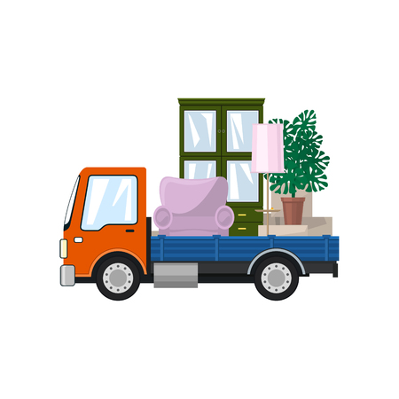 Freight Car is Transporting Furniture, Isolated on a White Background, Transportation and Cargo Delivery Services, Logistics, Vector Illustrationのイラスト素材
