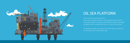 Banner with Offshore Sea Oil Platform at Sea, Oil Industry , Poster Brochure Flyer Design, Vector Illustrationのイラスト素材